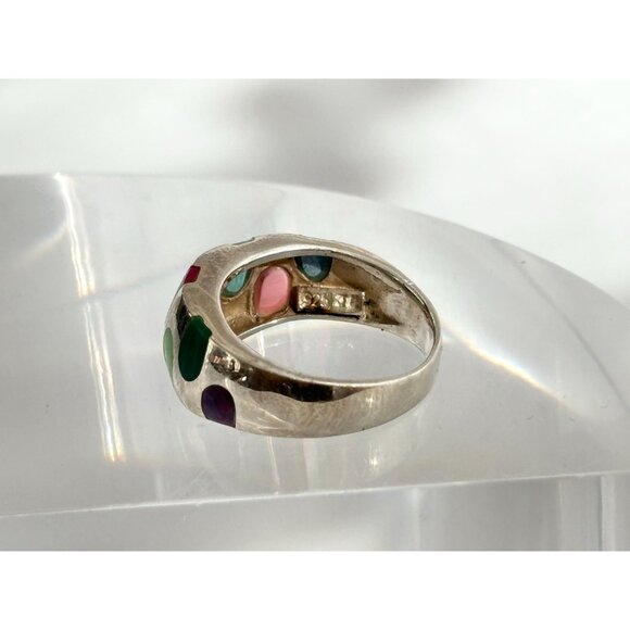 Mosaic Multi Gemstone Inlay Unusual 925 Sterling Silver Vintage Ring - sz 7 - Picture 7 of 11